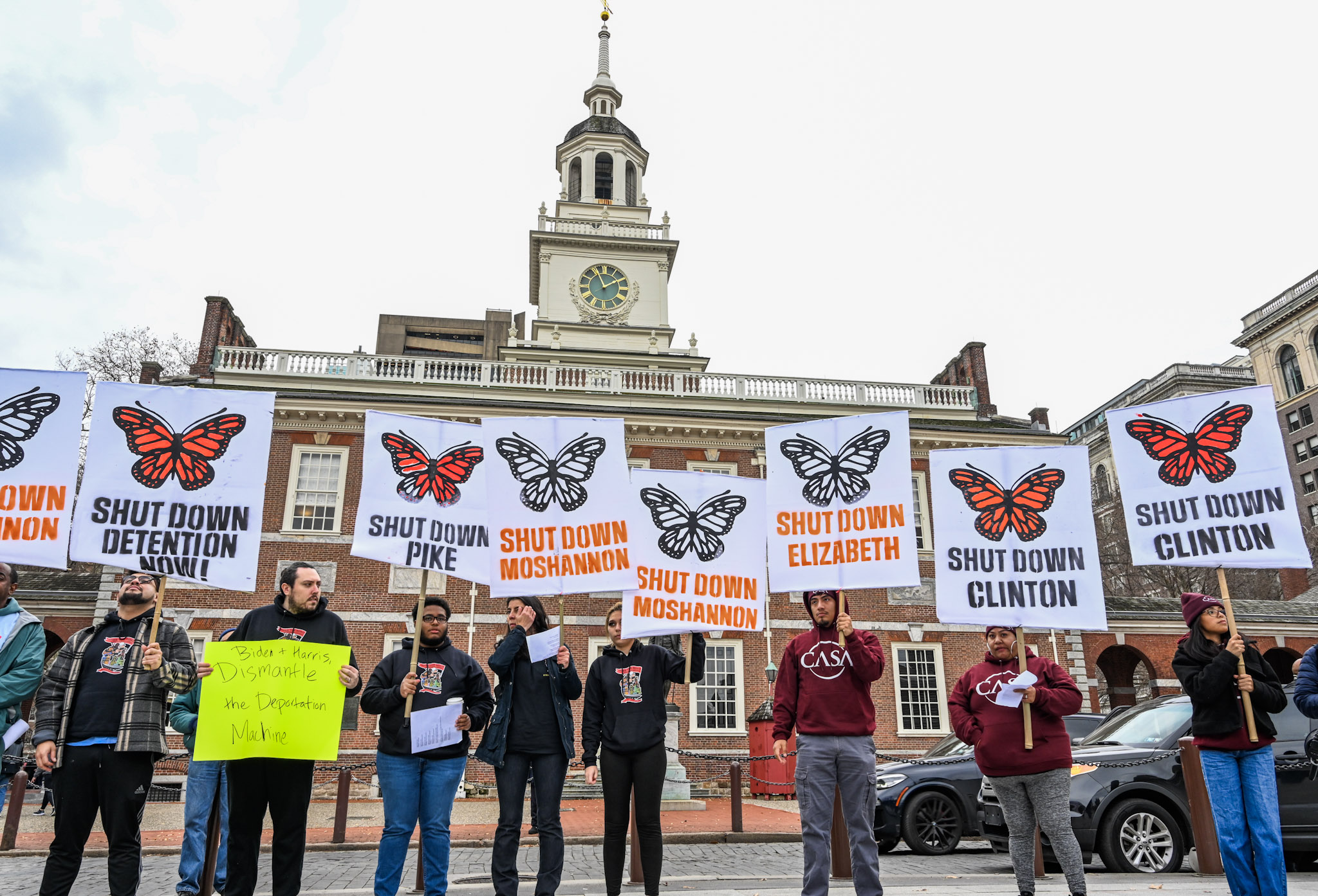 Protesters rally against immigrant detention facilities during an event in Philadelphia in December 2024.